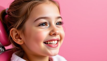 Smiling Young Girl Sitting in Dental Chair with Pink Background and Joyful Expression