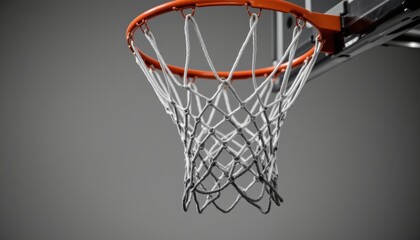 Close-Up of a Basketball Hoop and Net Against a Simple Gray Background in an Indoor Gym Setting