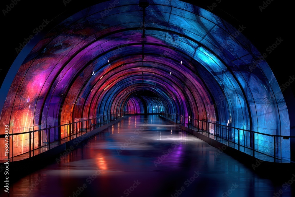 Poster futuristic tunnel with vibrant colors and reflections, showcasing innovation and architectural desig