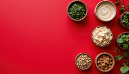 Colorful Display of Healthy Ingredients Including Hummus and Fresh Herbs on a Red Background