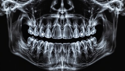 X-ray Illustration of a Human Skull with Emphasis on Teeth and Jaw Structure in Black and White