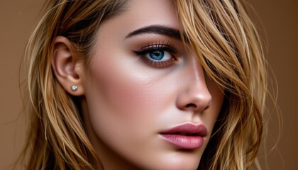 Close Up Portrait of a Beautiful Young Woman with Striking Blue Eyes and Glamorous Makeup
