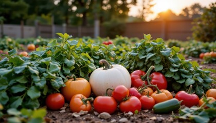 Colorful Variety of Freshly Harvested Vegetables with Sunset Glow in a Vibrant Garden Setting