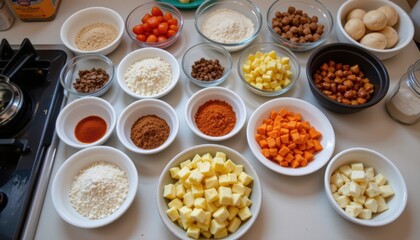 Various Fresh Ingredients Arranged in Bowls for Cooking Preparation on a Kitchen Counter