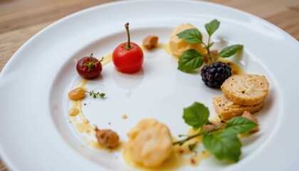 Artfully Plated Gourmet Dessert with Berries and Fresh Herbs on a White Plate
