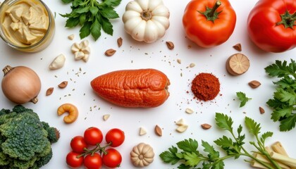 Arrangement of Fresh Vegetables and Spices on a White Surface Creating a Colorful Culinary Display