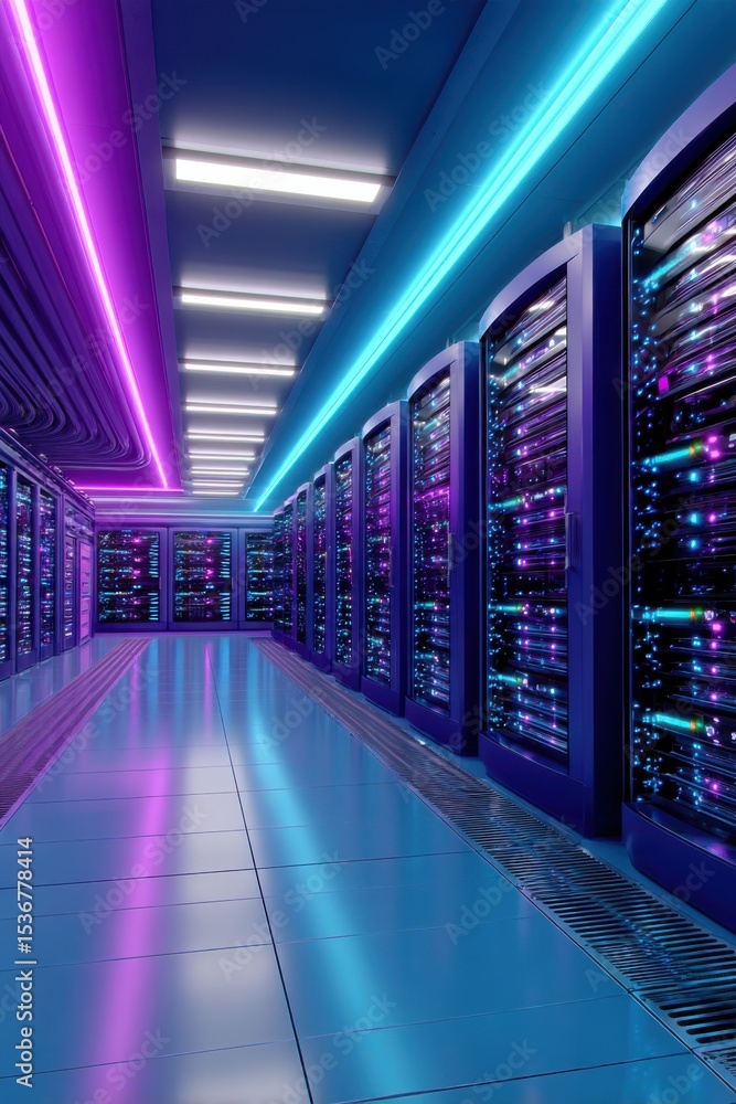 Aufkleber Data Center Servers With Neon Lights, Illustrating Digital Transformation and Cloud Computing Infrastructure Solutions for Business : Generative AI