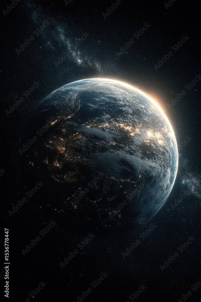 Poster earth from space with city lights and milky way, illustrating global connectivity and environmental 