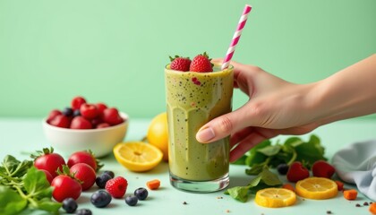 Hand Holding a Fresh Green Smoothie with Raspberries and Lemon on a Mint-Colored Background