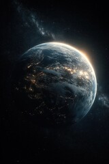 Earth From Space With City Lights and Milky Way, Illustrating Global Connectivity and Environmental Awareness in Science and Technology Projects : Generative AI