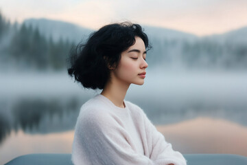 A young woman enjoys a peaceful moment by the serene lake at dawn, surrounded by mist and soft sunlight, lost in thought