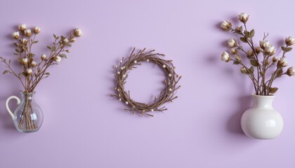 Floral Arrangement Featuring Cotton Branches in Vases with Wreath on Purple Background