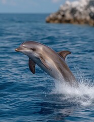 Fototapeta premium Dolphin Leaping From Ocean Waters, Showcasing Marine Biodiversity and Conservation Efforts in a Vibrant Display of Wildlife and Aquatic Freedom : Generative AI