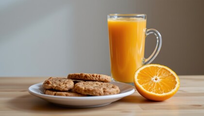Freshly Baked Cookies and a Glass of Orange Juice on a Wooden Table for Breakfast Setting