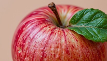 Closeup of a Fresh Red Apple with a Green Leaf on a Soft Beige Background
