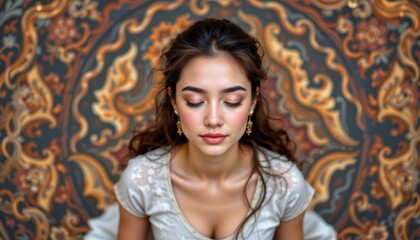 Portrait of a Young Woman with Elegant Jewelry Posing Against a Beautiful Ornate Background