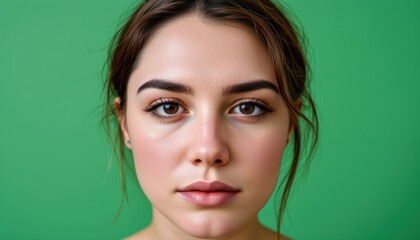 Close-Up Portrait of a Young Woman with Freckles and Natural Makeup Against a Green Background