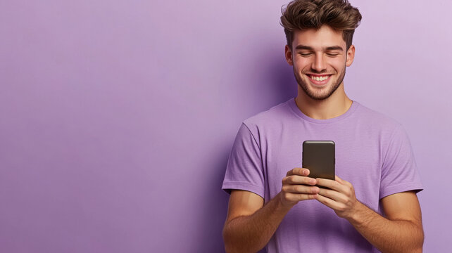 young handsome man holding smartphone on purple background