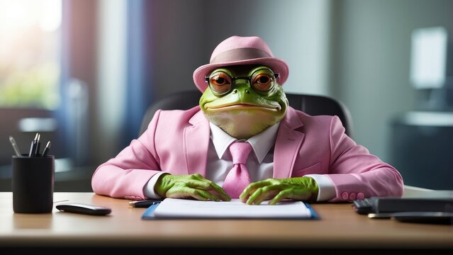 A whimsical green frog wearing large glasses and a pink dress shirt with a tie sits at a desk.