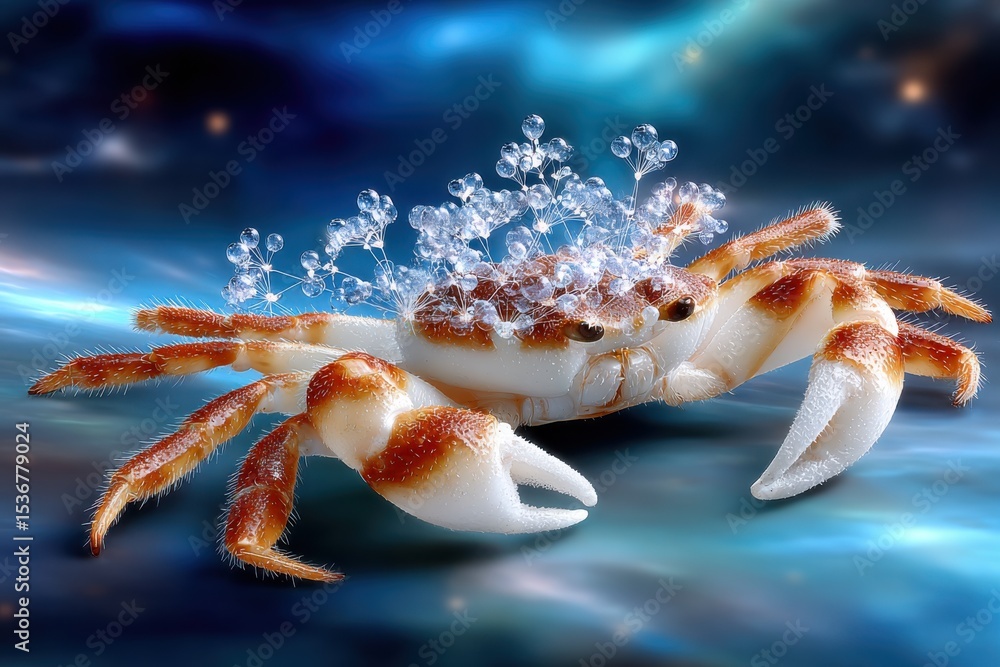 Poster crab adorned with crystalline ornaments against a luminous backdrop, symbolizing creativity and uniq