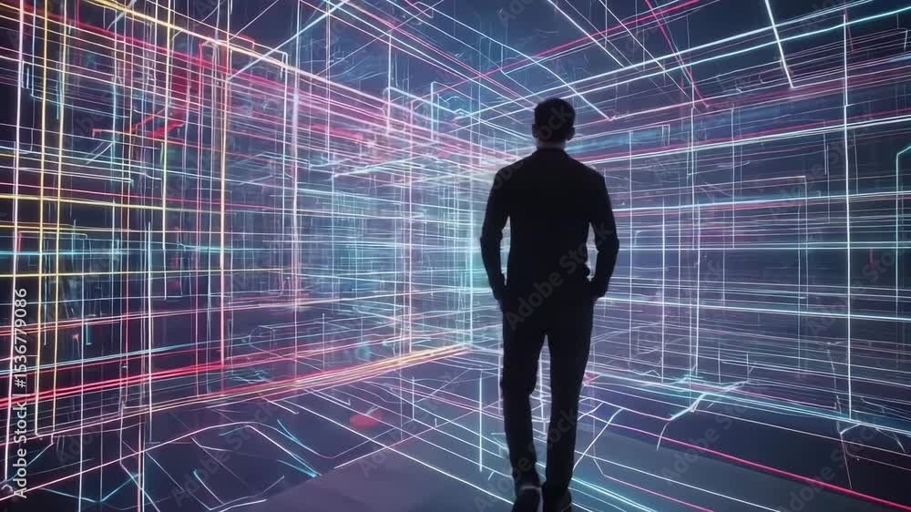 Poster A person stands in front of a glowing, futuristic digital grid filled with intersecting neon lines.