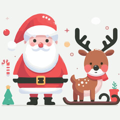 image of santa claus and reindeer with simple and minimalist flat design using white background