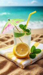 Obraz premium Jus de citron frais sur plage ensoleillée sous parasol d'été