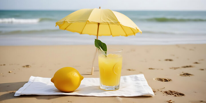 Jus de citron frais sur plage ensoleill&eacute;e sous parasol d'&eacute;t&eacute;