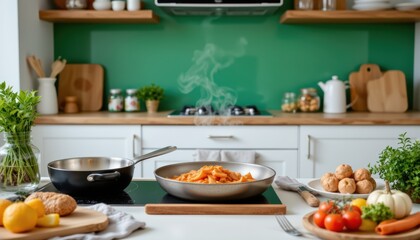 Modern Kitchen Scene with Fresh Ingredients and Pasta Dish Ready for Cooking Preparation