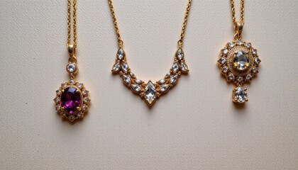 Three Exquisite Gold Necklaces Adorned With Colorful Gems Displayed On a Soft Background
