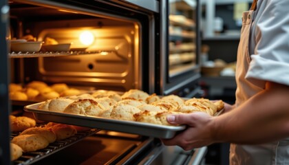 Chef Taking Freshly Baked Bread Out of the Oven in a Professional Kitchen Environment