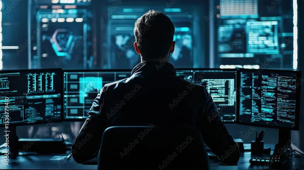 Poster A person in a dark room works on multiple computer screens filled with data and code, suggesting a high-tech or cybersecurity environment.
