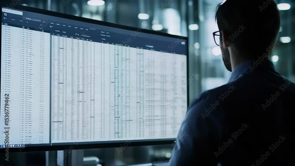 Poster A man analyzes large data sets on a computer screen in a modern office environment.