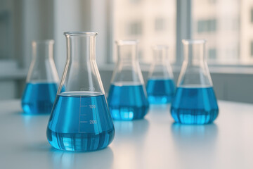 Blue Chemical Liquid In Laboratory Flasks Arranged On White Table In Bright Modern Scientific Setting