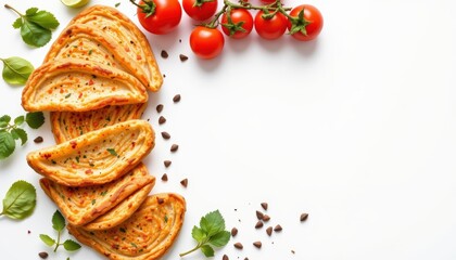 Crispy Savory Biscuits with Fresh Herbs and Cherry Tomatoes Arranged on a White Background