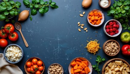 Fresh Vegetables and Ingredients Arranged for Meal Preparation on Dark Background in a Kitchen Setting