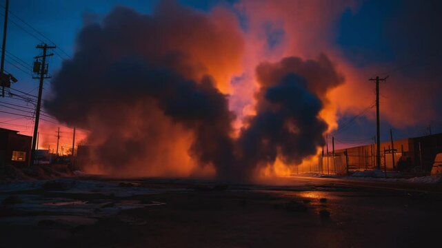 Technogenic disaster: water pipeline burst with smoke clouds