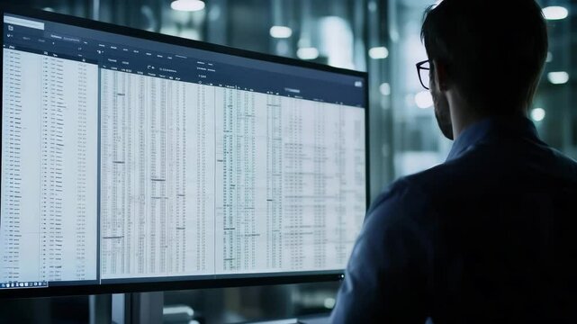 A man analyzes large data sets on a computer screen in a modern office environment.