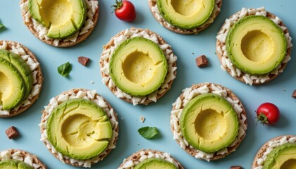 Assorted Avocado and Coconut Rice Cakes Topped with Fresh Strawberries on a Blue Background