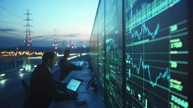 Professionals work on laptops in front of large digital screens displaying complex financial data and stock charts at dusk.