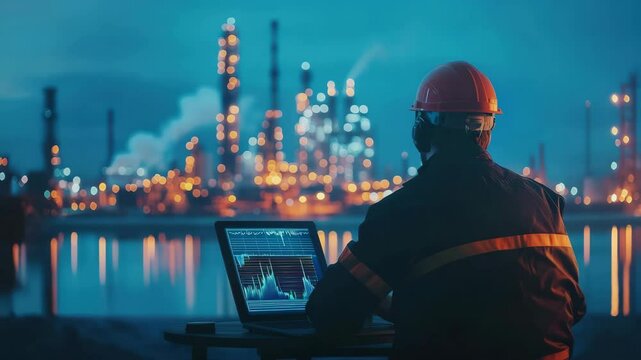An industrial worker monitors data on a laptop at night with a brightly lit refinery in the background.