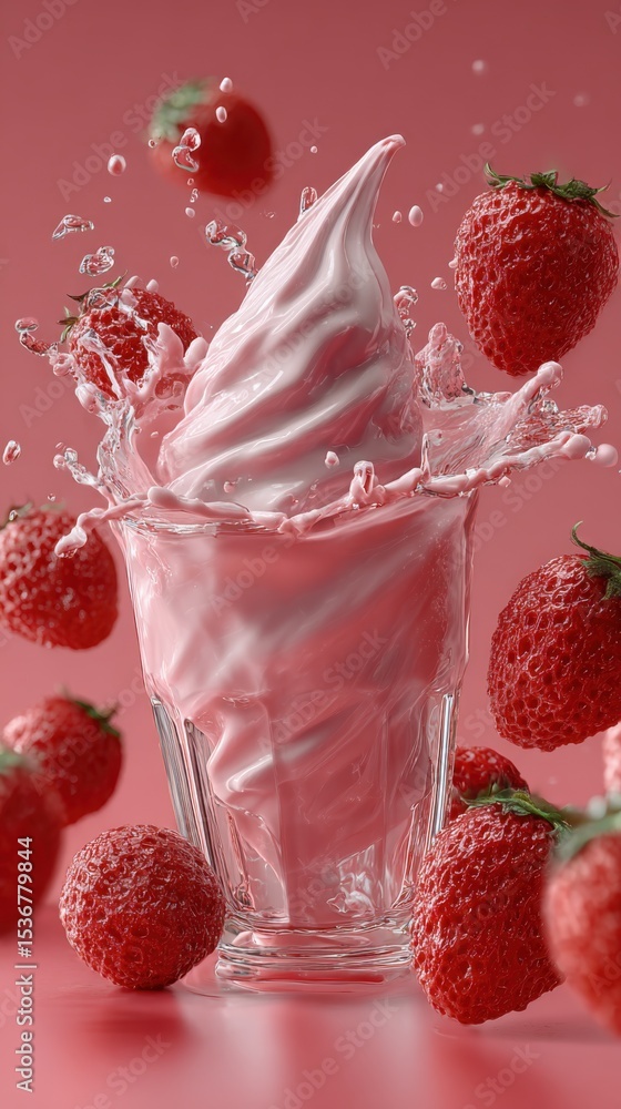 Poster strawberry smoothie in glass with splash, showcasing refreshment and summer indulgence, ideal for fo