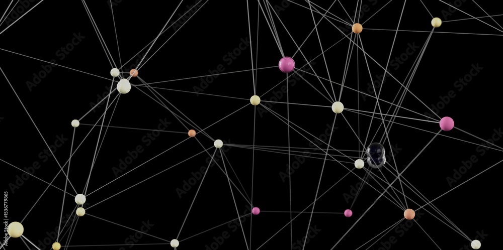 Poster Stock photo of abstract network connection with colorful dots and lines on black background.