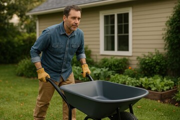 Gardening man pushing wheelbarrow outdoors.