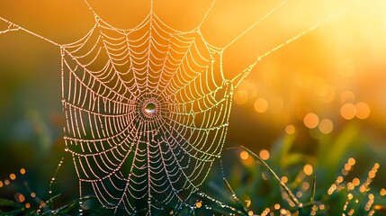 Dew-kissed spiderweb at sunrise