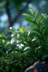 Obraz premium Fresh Green Tea Leaves With Water Droplets, Illustrating Natural Wellness and Sustainable Agriculture Practices : Generative AI