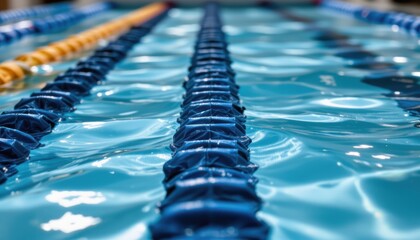 Obraz premium Close-Up View of Swimming Pool Lanes with Clear Water and Reflective Surface in Competitive Setting