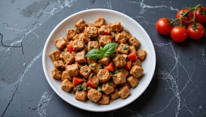 Plate Of Savory Cubes Of Marinated Tofu Garnished With Fresh Herbs And Cherry Tomatoes On A Dark Surface