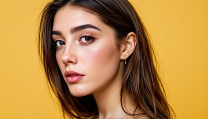 Elegant Portrait of a Young Woman with Natural Makeup Against a Bright Yellow Background