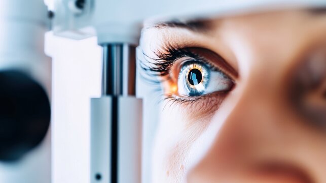 A close-up of an optometrist examining a patient&rsquo;s eyes with focus on the diagnostic tools and the patient&rsquo;s eye, set against a bright, clean optometry office background